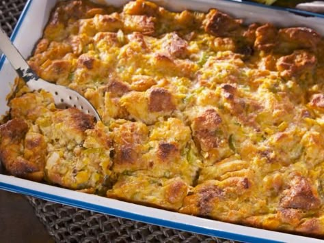 Get Creamed Corn Bread Pudding Recipe from Food Network could adapt to WW with Greek yogurt, less bread, evoo instead of butter? Creamed Corn Bread, Cream Corn Bread, Farmhouse Rules Recipes, Best Bread Pudding Recipe, Nancy Fuller, Hush Puppies Recipe, Savory Bread Puddings, Cream Corn, Corn Pudding