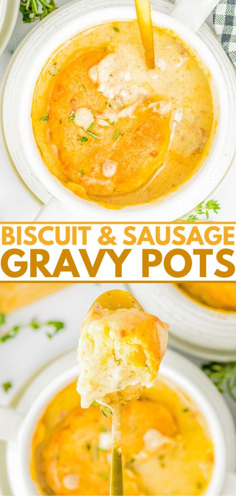 Biscuits And Gravy Brunch Ideas, Easy Sausage Biscuits And Gravy, Sausage Gravy Stuffed Biscuits, Breakfast Biscuits And Gravy Bomb, Herb Biscuits, Biscuits & Sausage Gravy Breakfast Pizza, Homemade Sausage Gravy, Ramekin Dishes, Homemade Sausage