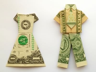 Origami dress & pant suit...this would be such a cute idea for a wedding gift. Attach the money to a blank card...i.e. bride & Groom Origami Shirt, Folding Money, Origami Cards, Wedding Gift Money, Money Shirt, Dollar Origami, Dollar Bill Origami, Origami Dress, Creative Money Gifts