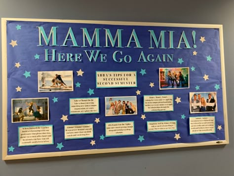 Mama Mia Bulletin Board, Mamma Mia Bulletin Board, Theatre Bulletin Board Ideas, Funny Ra Bulletin Boards, Spring Semester Bulletin Boards, Ra Dorm Hall Themes, Bulletin Board Ideas For School, Dorm Bulletin Boards, Res Life Bulletin Boards