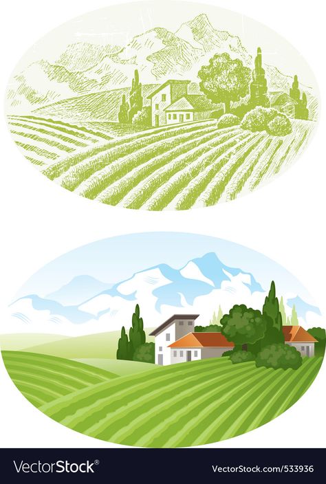 Sketchbook Assignments, Farm Vector, Vector Landscape, Landscape Vector, Tea Illustration, Country Landscape, Free Hand Drawing, Country Landscaping, Rural Landscape