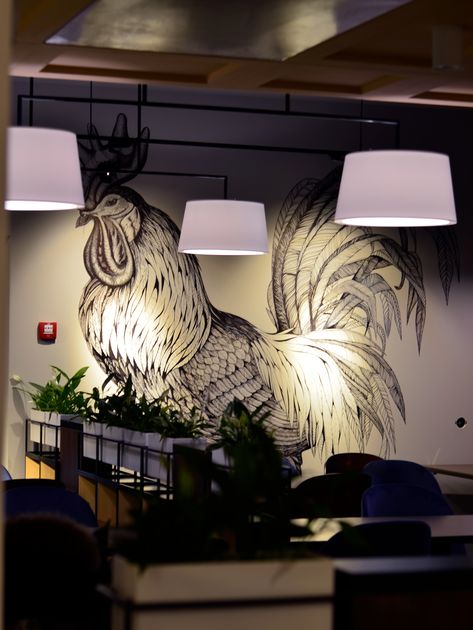 Restaurant Wall Painting, Wall Graphics Restaurant, Restaurant Mural, Wall Art Cafe, Angry Chicken, Chicken Restaurant, Wall Drawings, Chicken Logo, Diner Ideas