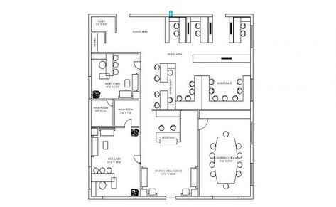 Floor plan of Admin office with furniture details in AutoCAD which provide detail dimension of reception area, waiting area, conference room, MD'S cabin, marketing room, workspace, storage unit, MGR'S cabin, pantry, lounge area, washroom, etc. Cabin Pantry, Office Building Plans, Office Layout Plan, Feng Shui Office, Site Plan Design, Block Plan, Office Floor Plan, Building Layout, Plans Architecture