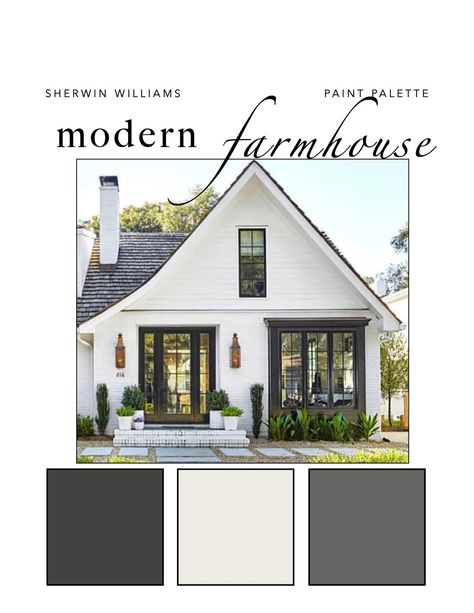 Modern Farmhouse EXTERIOR Paint Color Palette - Etsy Exterior Paint Color Palette, Farmhouse Exterior Paint, Farmhouse Exterior Paint Colors, Farmhouse Color, White Exterior Houses, Painted Brick House, House Paint Color Combination, Exterior House Paint Color Combinations, Exterior House Color