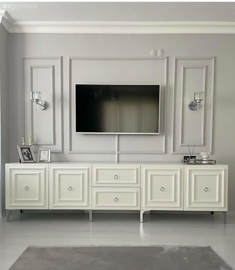 Moulding Around Tv, Tv Wall Moulding, Tv Cabinet For Bedroom, Tv Stand And Panel, Modern Minimal Interior, Bedroom Tv Wall, Cushion Storage, Craft Room Furniture, Industrial Style Kitchen