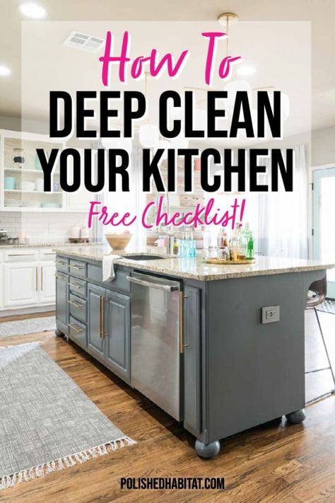 Kitchen deep cleaning checklist - Use this printable checklist the next time you deep clean your kitchen! Kitchen Deep Cleaning Checklist, Polished Habitat, Kitchen Deep Clean, Cleaning Oven Glass, Deep Clean Checklist, Homemade Toilet Cleaner, Deep Cleaning Checklist, Clean Baking Pans, Cleaning Painted Walls