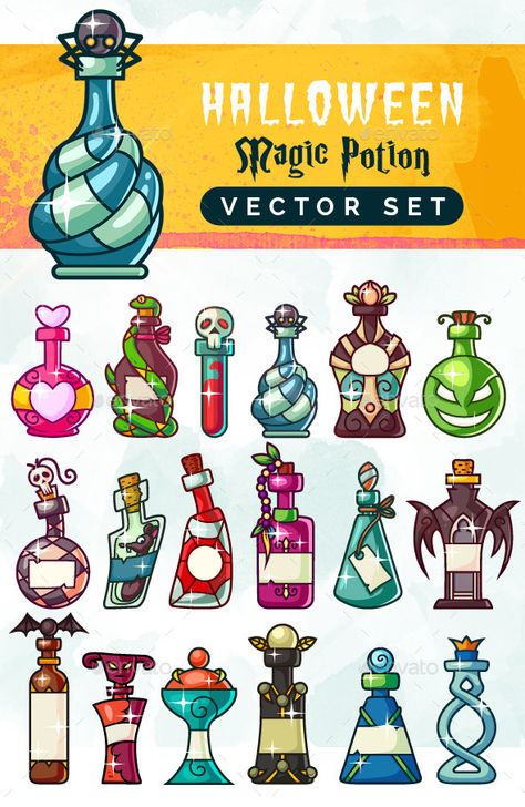 Halloween Magic Potion Bottles Set by nelutu A set of magic potion bottles set great for Halloween projects, games, websites, where you need some special bottles: magic potio Magic Potion Bottles, Poison Potion, Mouse Poison, Skull Snake, Bottle Drawing, Magic Bottles, Halloween Graphics, Potion Bottles, Magic Potion