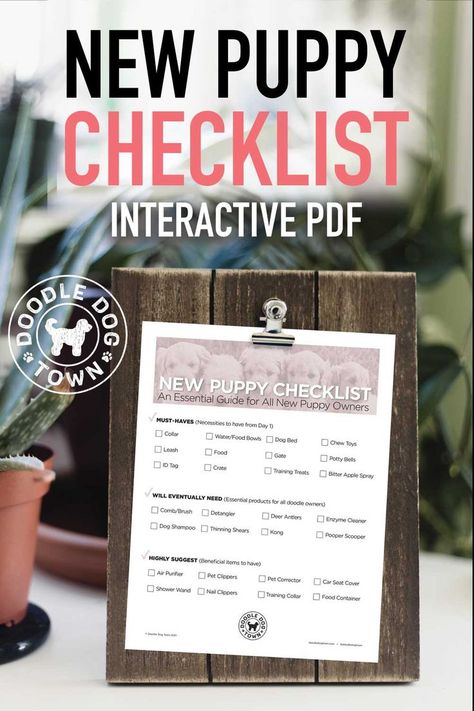 New puppy checklist interactive PDF. Sheet of paper attached to clipboard with plant next to it. Doodle Dog Town logo on left side Potty Bells, New Puppy Checklist, Puppy Checklist, Enzyme Cleaner, Pooper Scooper, Getting A Puppy, Training Treats, Training Collar, Dog Shampoo