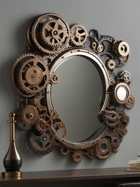 Discover the perfect blend of industrial and elegance with ‘Industrial Elegance’ cogs and gears mirror. The metallic elements add a touch of sophistication to your home decor. 🪞⚙️✨ #CogsAndGearsMirror #IndustrialElegance #MetallicDecor #PinterestIndustrialChic Cogs And Gears, Steampunk Home Decor, Steampunk Home, Steampunk House, Chaise Design, Functional Furniture, Industrial Chic, Furniture Pieces, Decor Project