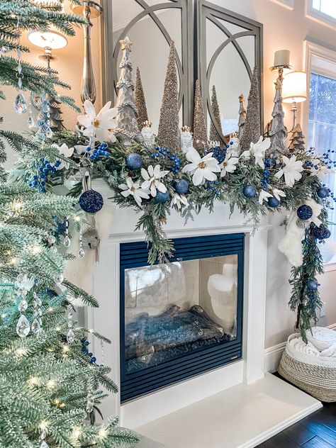 Navy Blue Fireplace Christmas Decor, Blue And White Tree Decorations, Navy Blue Christmas Mantle Decor, Blue Grey White Christmas Decor, Frosty Blue Christmas Decor, Blue Christmas Fireplace Decor, White And Navy Christmas Decor, Blue Themed Christmas Decor, Blue And Gray Christmas Decor