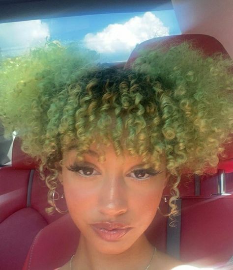 Dyed Hair Green, Green Hair Girl, Yellow Hair Color, Dyed Curly Hair, Dyed Hair Inspiration, Girls Natural Hairstyles, Dye Ideas, Dyed Natural Hair, Natural Curls Hairstyles