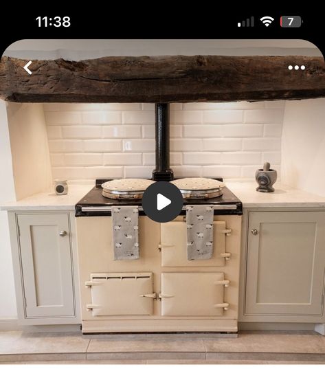 Kitchen With Rayburn, Wood Cook Stove Kitchen Modern, Rayburn Kitchen Ideas, Modern Aga Kitchen, Aga In Modern Kitchen, Cottage Kitchen Splashback, Aga Cottage Kitchen, Cottage Splashback Ideas, Surrounds For Aga Cookers