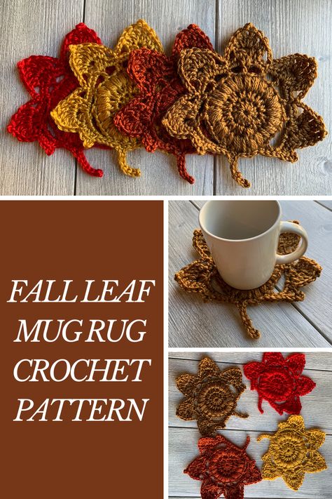 Crochet Fall Mug Rug, Autumn Crochet Coasters, Mug Rug Crochet Pattern, Crochet Mug Rug Free Pattern, Mug Rug Crochet, Rug Crochet Pattern, Crochet Craft Fair, Leaf Mug, Leaf Crochet