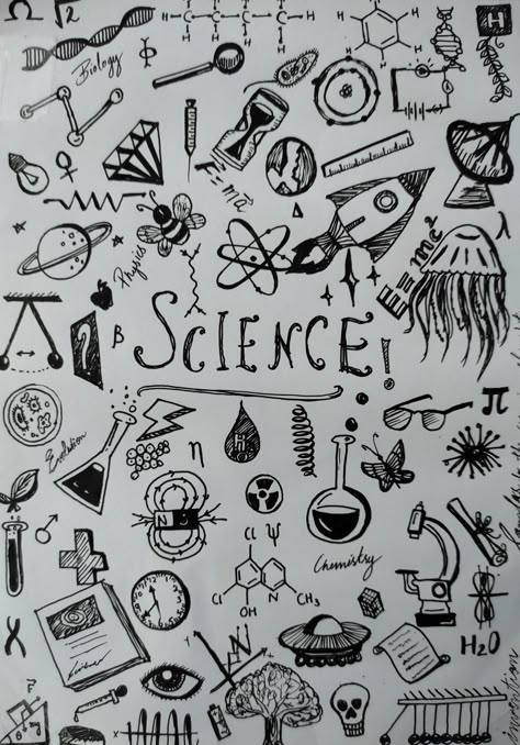 Pen art Doodles Physics Doodles Hand Drawn, Science Title Page Ideas Aesthetic, Science Title Page Aesthetic, Science Aesthetic Drawing, Science Doodle Art, School Doodles Aesthetic, Science Title Page, Science Title Page Ideas, Diy Notebook Cover For School