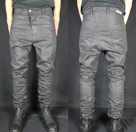 (1) XOSP BLK104B - Versuchskind Berlin 2014-2015 Fall Autumn Winter Mens Denim Collection Germany - Linesheet Jeans Asymmetrical Back Yoke Coated Waxed Tapered Low Crotch Wrinkled Half Yoke Distressed Worn In Grey Gray Black Treatments Honeycomb Creases Waxed Jeans Men, Wax Jeans, Waxed Jeans, Denim Jeans Men, Black Pride, Denim Collection, Jeans Men, Denim Design, Designer Jeans