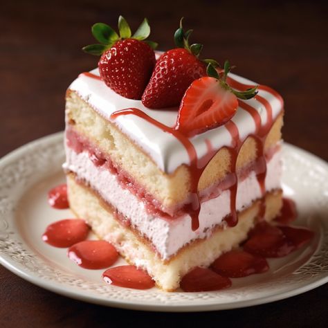 The combination of the strawberry cake, the fresh strawberries, and the delectable icing creates a harmonious blend of flavors and textures. What To Make With Strawberries, Cute Things To Bake, Strawberry Cake With Whipped Cream, Strawberry Gateau, Vanilla Cake With Strawberries, Mini Strawberry Cake, Strawberry Jam Cake, Strawberry Shortcake Kabobs, Strawberry Shortcake Dessert