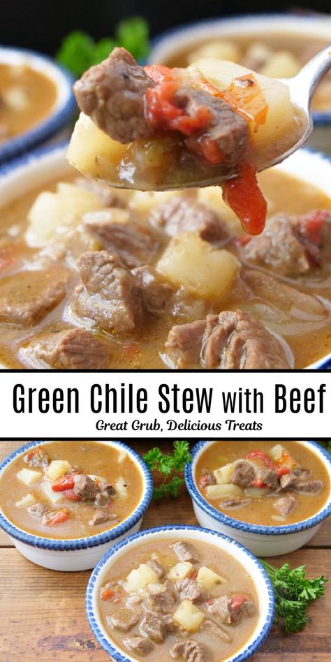 A double collage photo of green chile beef stew in a white bowl with blue trim that is loaded with tender chunks of beef and potatoes, green chilies, tomatoes, in a savory broth. Green Chili Roast Beef Crock Pot, Green Chili Steak Recipes, Green Chile Stew With Ground Beef, Green Chili Stew With Ground Beef, Green Chile Stew New Mexico, Green Chile Beef Stew, Green Chili Beef Stew, Beef Green Chili, Green Chili Pork Stew