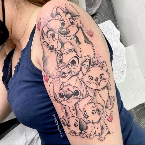 Back Of Arm Tattoo Disney, Disney Sleeves For Women Tattoo, Disney Shoulder Tattoo, Disney Tattoos Sleeve Leg, Disney Themed Leg Sleeve Tattoo, Disney Dog Tattoos, Cartoon Tattoo, Disney Animal Tattoo Ideas, Disney Sleeve Tattoos