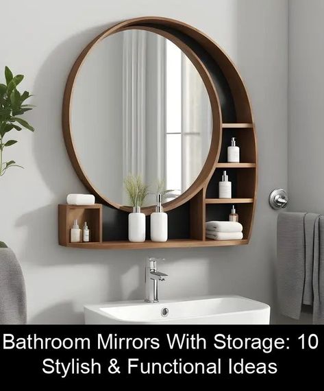 Bathroom Accessories Small Space, Diy Bathroom Mirror With Storage, Small Functional Bathroom Vanity, Round Bathroom Mirror With Storage, Powder Bathroom Storage Ideas, Bathroom Mirror Small Space, Small Bathroom Large Mirror, Creative Bathroom Mirror Ideas, Simple Bathroom Cabinets