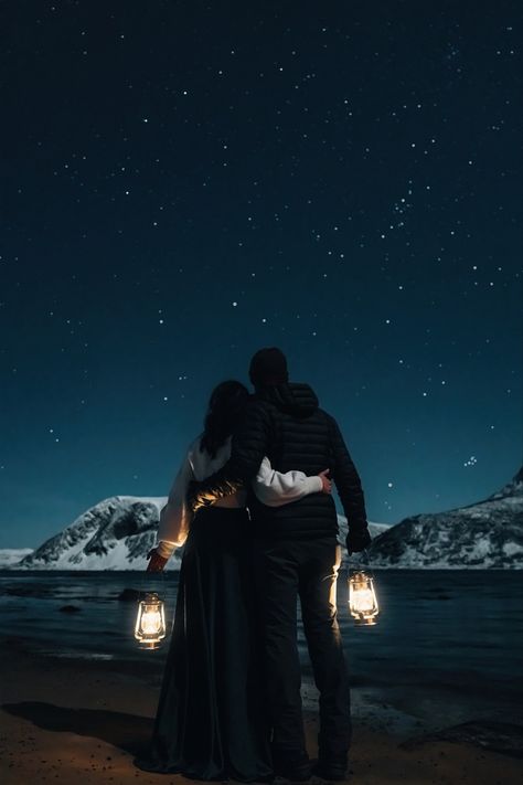 Norway Photoshoot, Norway Engagement Photos, Lapland Wedding, Lantern Photoshoot, Couple Northern Lights, Norway Elopement, Couple Watching Northern Lights, Iceland Engagement, Pose Prewedding