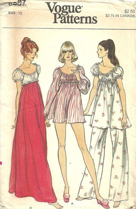 Babydoll Pajamas, Empire Gown, 70s Sewing, 70s Sewing Patterns, Nightgown Pattern, Vintage Vogue Sewing Patterns, Pajama Pattern, Fashion Illustration Vintage, Vintage Dress Patterns