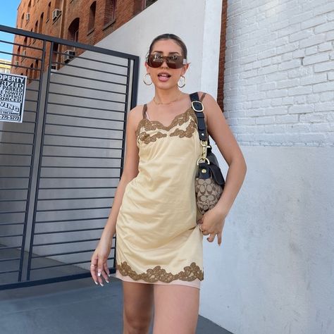 Y2K slip dress Yellow Slip Dress, Beautiful Nightgown, Slip Dress Outfit, Brown Embroidery, Poshmark Y2k, Dress Outfit, Night Gown, Dress Shop, Slip Dress