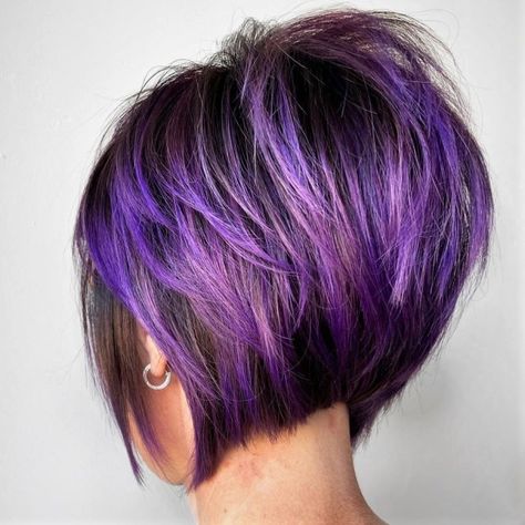 Purple Hair Bob Short, Purple Highlights Brown Hair Short Pixie, Super Stacked Bob Haircut, Asymmetrical Bob Back View, Purple Bob Hair, Short Aline Bob, Sassy Bob Haircut, Medium Stacked Haircuts, Feathered Bob Hairstyles