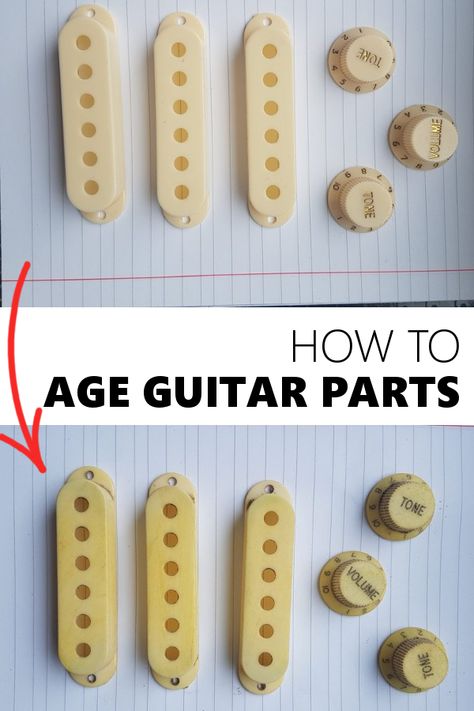 Few simple methods for aging and relicing plastic guitar parts such as pickup covers and knobs. Relic Guitar, Guitar Repair, Guitar Kits, Guitar Building, Guitar Stuff, Custom Guitars, Music Production, Guitar Parts, To Look