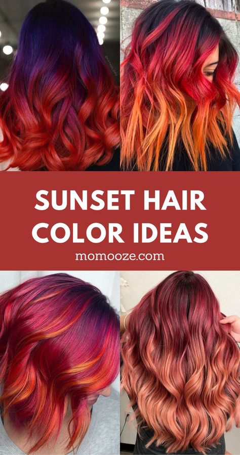 Fall Sunset Hair Color, Burgundy To Orange Ombre Hair, Red Colored Hair Ideas, Red Sunset Hair, Intense Hair Color, Desert Sunset Hair Color, Hair Colors Ideas For Blondes, Phoenix Hair Color Fire Red Ombre, Red Orange Blonde Hair