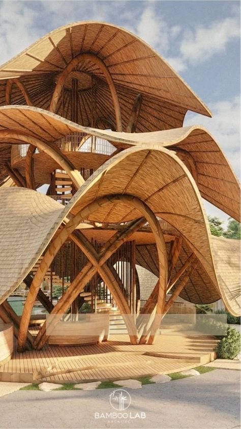 Bamboo Architecture Design, Bamboo Entrance, Bamboo Village, Bamboo Houses, Water Village, Bamboo Roof, Bamboo Building, Bamboo House Design, Arch Ideas