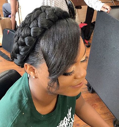 crown-braid-with-bangs-latest-hairstykes-party-hairdo Crown Braid Black Hair, Crown Braid With Bangs, Crown Braid Black, Crown Braids For Black Women, Black Hair Designs, Braid Crown Hairstyles, Braid Black Hair, Rocking Hairstyles, Hairstyle For Black Hair