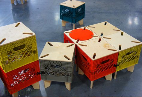 The XTOOL By Combo Collab Re-Imagines the Milk Crate as Interc... Crate Seating, Crate Chairs, Milk Crate Bench, Crate Storage Bench, Milk Crate Seats, Milk Crate Furniture, Milk Crate Storage, Crate Shelves Diy, Coffee Table With Stools