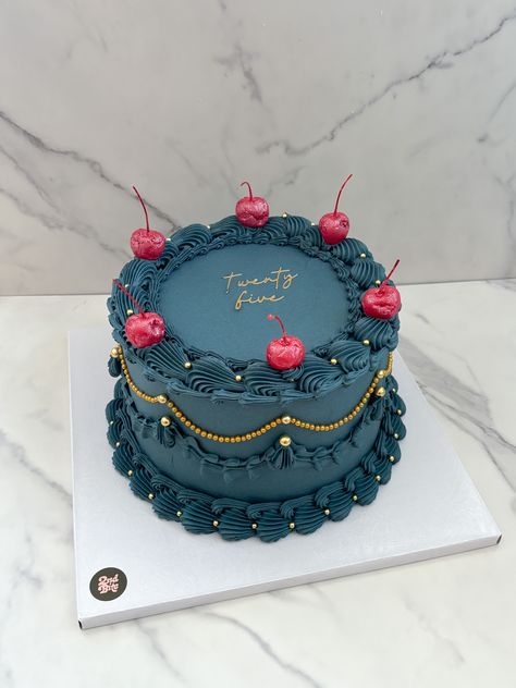 Navy blue cake with gold pearls and red glitter cherries Glitter Cherries Cake, Navy Blue Birthday Cake, Navy Birthday Cake, Navy And Gold Cake, Vintage Cherry Cake, Blue Gold Cake, Blue Vintage Cake, Cherry Birthday Cake, Navy Blue Cake