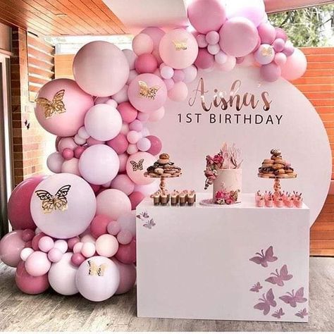 Birthday Decoration Ideas For 1st Birthday, Pink Theme Birthday Decoration, Butterfly Bday Decoration, Baby Girl Bday Decoration Ideas, Birthday Themes For First Birthday, Blush And Gold Balloon Garland, Pink Decorations For Birthday, Pink Butterfly Balloon Garland, Pink Decor Birthday