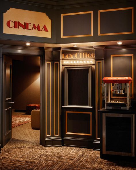 Cinema Entrance Design, Home Movie Theater Concession Stand, Theater Concession Stand Ideas, Concession Stand Ideas, Movie Theater Lobby, Home Cinema Room Ideas, Theater Entrance, Cinema Interior, Cinema Theme