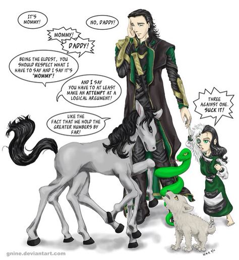 Loki and his sons Fenrir the Wolf, Sleipnir the eight legged horse and Jörmungand the serpent Loki And Sigyn, Loki Avengers, Loki Art, Thor Loki, Loki Fanart, Loki Marvel, Loki Thor, Loki Laufeyson, Marvel Jokes