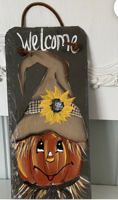 Halloween Painted Wood Boards, Door Hangers Painted, Fall Slate Painting Ideas, Hand Painted Fall Signs, Pumpkin Signs Wooden Painted Diy, Painted Wood Pumpkin Sign, Halloween Boards, Seasonal Decor Fall, Wood Porch