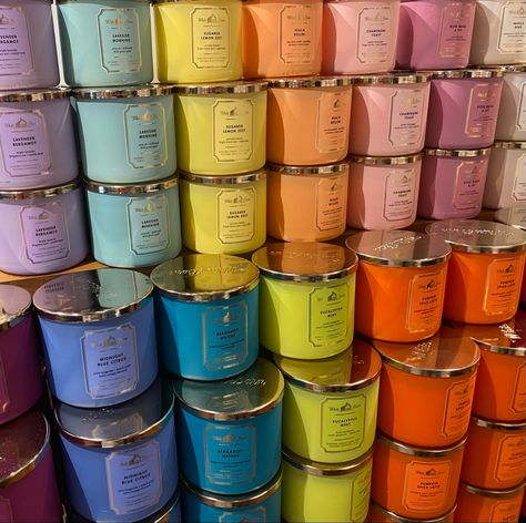 A display of colorful, pastel scented candles Colorful Candles Aesthetic, Candle Collection Aesthetic, Bath And Body Works Candles Aesthetic, The Confidence Of Wildflowers, Bath And Body Candles, Micalea Smeltzer, Good Candles, Scented Candles Aesthetic, Candles Collection