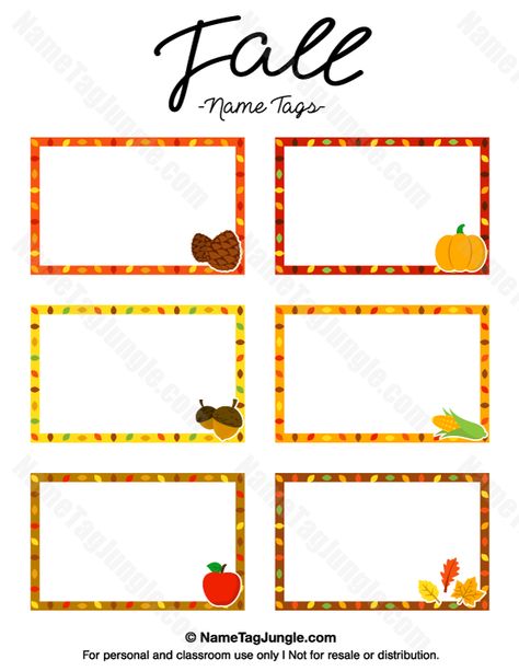 Free printable fall name tags. The template can also be used for creating items like labels and place cards. Download the PDF at http://nametagjungle.com/name-tag/fall/ Fall Name Tags, Preschool Name Tags, Cubby Name Tags, Fall Labels, Cubby Tags, Classroom Name Tags, Preschool Names, Name Tag Templates, Fall Family Fun