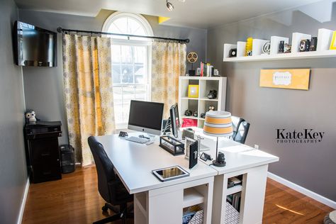 Split Home Office Space, Home Office Double Desk Small Spaces, Facing Desks Home Office, Home Office Two Desks Back To Back, Sharing Home Office With Husband, Office For Two Standing Desk, Tiny Office For Two, Home Office Two Desks Facing Each Other, Dueling Desks