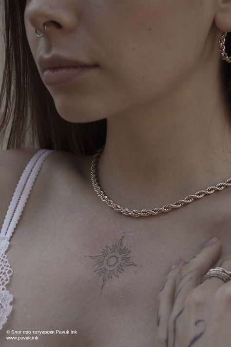 Eye Chest Tattoo Female, Sun Tattoo Chest, Small Chest Tattoo, Wrist Tattoo Ideas, Small Chest Tattoos, Tattoos Infinity, Money Tattoo, Neck Tattoos Women, Tattoos Geometric