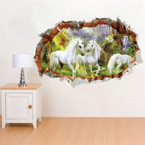 3D Unicorn Art Sticker Wallpaper PVC Decoration Decal - MULTI-A Diy Mural Art, Horse Wall Stickers, Room Kindergarten, Broken Wall, 3d Unicorn, Diy Mural, Wall Stickers Animals, 3d Material, Break Wall