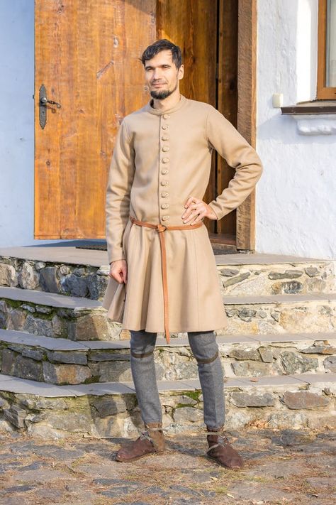 Check out this item in my Etsy shop https://www.etsy.com/listing/969137845/medieval-historical-reenactors-woolen Irish Traditional Clothing Male, Fall Long Sleeve Larp Costume, Traditional Long Sleeve Outerwear For Larp, Elven Tunic Male, Medieval Long Sleeve Linen Dress For Larp, Mens Garb, Medieval Belt, Full Size Photo, Medieval Garb