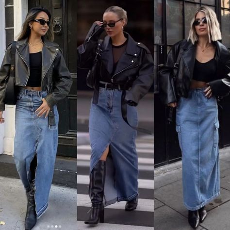 Maxi Denim Skirt Outfit, Denim Maxi Skirt Outfit, Long Jeans Skirt, Black Boots Outfit, Midi Jeans, Denim Skirt Outfits, Long Denim Skirt, Maxi Skirt Outfits, Denim Maxi