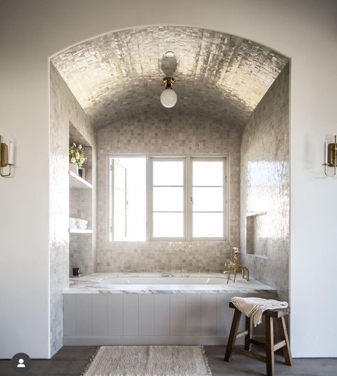 Jake Arnold Bathroom, Bathtub Nook, Spanish Casita, Metallic Tile, Jake Arnold, Tile Ceiling, Bathroom Details, Floor Plan Layout, Bathroom Design Inspiration