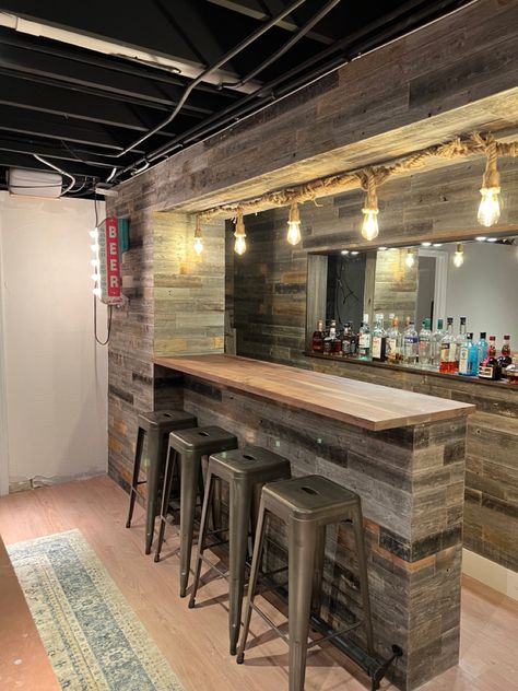 Basement bar, eecalimed wood and bucter block counter Diy Basement Bar, Diy Basement, Basement Bar, Bar Counter, Basement, Bar, Wood