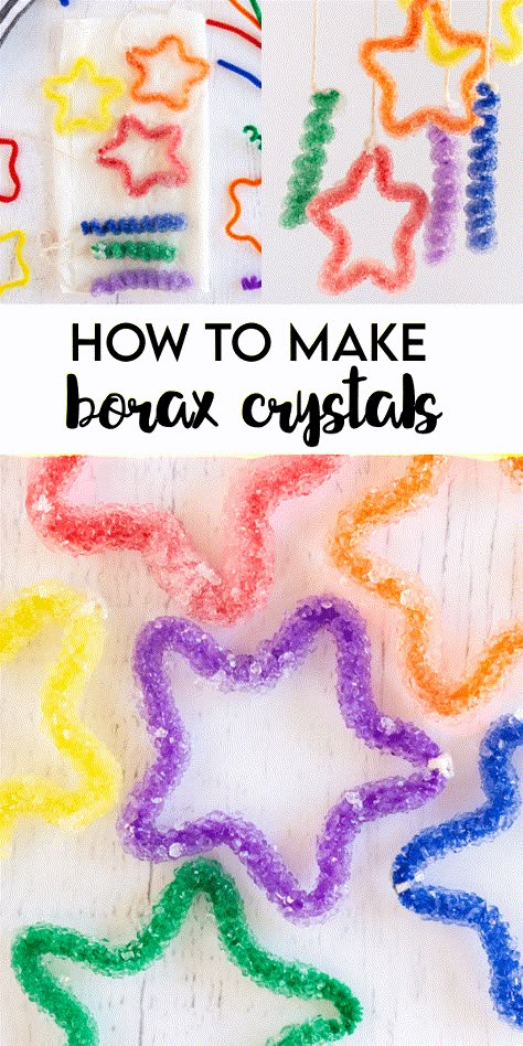 Pipe Cleaner Crystals With Salt, Homemade Crystals Diy, Growing Borax Crystals, Borax Pipe Cleaner Crystals, Grow Crystals For Kids, Borax Crystal Hearts, Crystal Making For Kids, Diy Borax Crystals, How To Make Borax Crystals