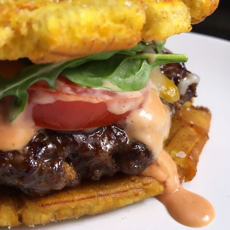 Jibarito Burger — The Sofrito Project Plantain Buns, Fried Plantain, Jazz Standard, State Foods, Burger Toppings, Diner Recipes, Puerto Rican Food, Marinated Steak, Chef Inspiration