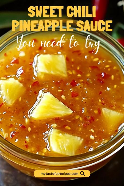 This Sweet Chili Pineapple Sauce is a perfect blend of sweetness and spice! Use it as a glaze, dip, or drizzle for an exotic twist on your favorite dishes. Ready in minutes! Sweet Chilli Pineapple Sauce, Wings Sauces, Sweet N Sour Sauce Recipe, Sweet Chili Sauce Recipe, Pineapple Glaze, Pineapple Sauce, Sweet And Sour Sauce, Tandoori Masala, Vegetarian Chili