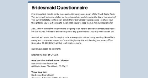 Bridesmaid Questionnaire Questionnaire For Bridesmaids, Questions For Bridesmaids, Questions To Ask Your Bridesmaids, Bridesmaid Questionnaire Google Form, Bridal Party Questionnaire, Bridesmaid Survey, Bridesmaid Questionnaire, Black Hawk Colorado, Bridesmaid Question